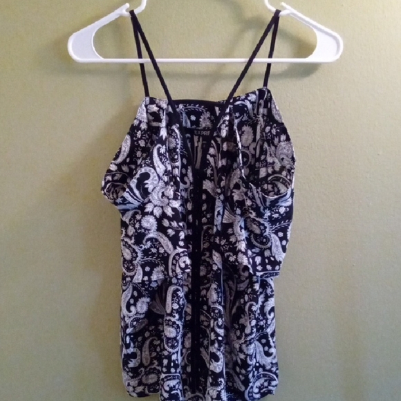 Womans S Express Black and White Relaxed Button Front Blouse Off Shoulders Flowy - Picture 2 of 5